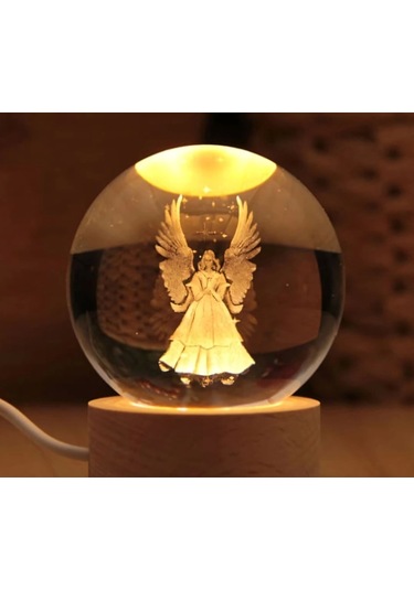 Dekoratif Kanatlı Melek Tasarımlı Ahşap Altlıklı Işıklı Cam Küre Cam 6 Cm Çok Renkli