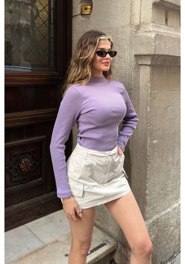 Saks Yarım Balıkçı Şardonlu Fitilli Bluz Lila