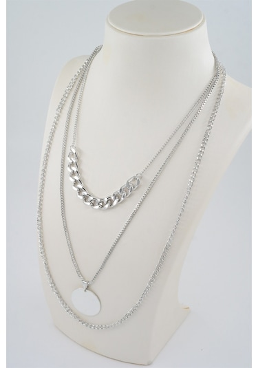 Kadın Özel Tasarım  3'lü Kombin Kolye Seti - Gümüş