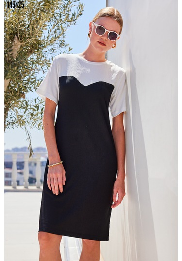 Kadın Bisiklet Yaka Kısa Kollu Örme Elbise