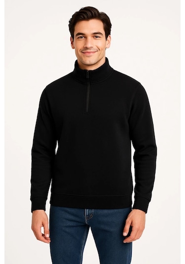 Erkek Dik Yaka Sweatshirt Dik Yaka Yarım Fermuarlı 3 İplik Şardonlu Pamuk Kumaş - Siyah Çok Renkli