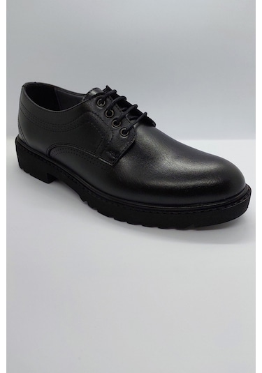 %100 El İşçiliği Rahat Taban Bağcıklı Siyah İmalat Deri Ayakkabı Siyah