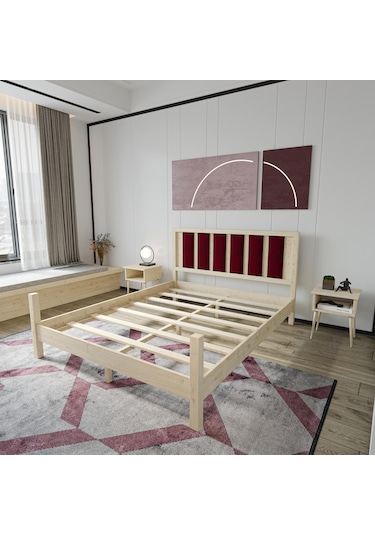 Orion Model Bordo Renk Puflu Başlıklı Vernikli Çam Ahşap Karyola Ve İki Komodin Set-232 140 x 200