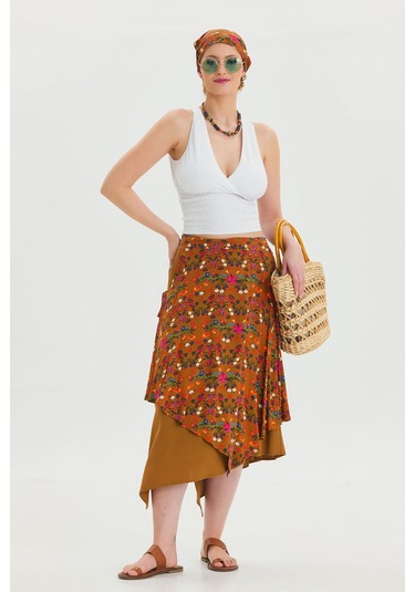 Bağlama Detaylı Beli Lastikli Salaş Etek Hardal