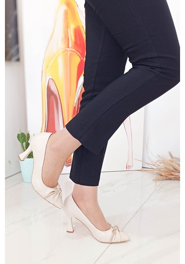 Bej Kadeh Yüksek Topuk Taş Desenli Kadın Stiletto Bej