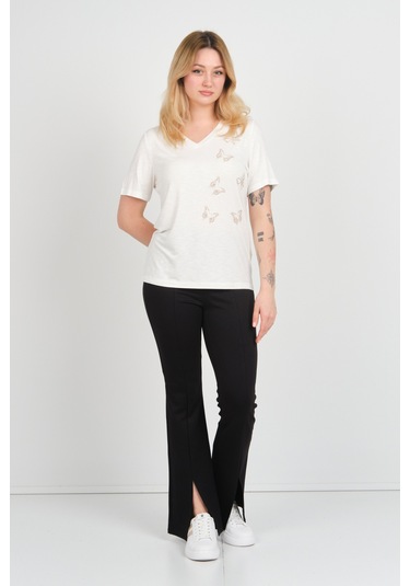 Ella Camelia Kadın Kelebek Şekilli Taş Süslemeli V Yaka Kısa Kollu Bluz 24e047 Ekru Ekru