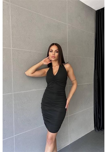 Dip Moda Kadın Boyundan Bağlama Detaylı Mini Elbise Dpnbdf033 Siyah