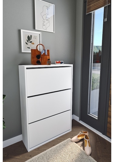 Bofigo Düşer Kapak Ayakkabılık Kayar Raflı Ayakkabılık 3 Bölmeli Ayakkabılık Melek Beyaz