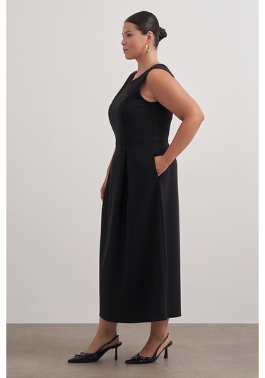 Pileli Kolsuz Cepli Uzun Elbise-6231 Siyah