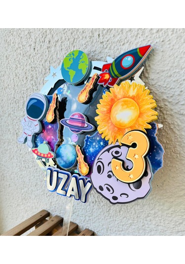 Uzay Temalı İsme Özel Erkek Çocuk Doğum Günü Pasta Süsü