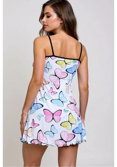 Renkli Kelebek Desenli Askılı Kadın Gecelik Renkli