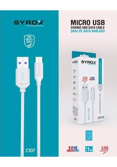 Syrox C107 Micro Usb Girişli 18 W 3.0A Hızlı Şarj Ve Data Kablosu Beyaz