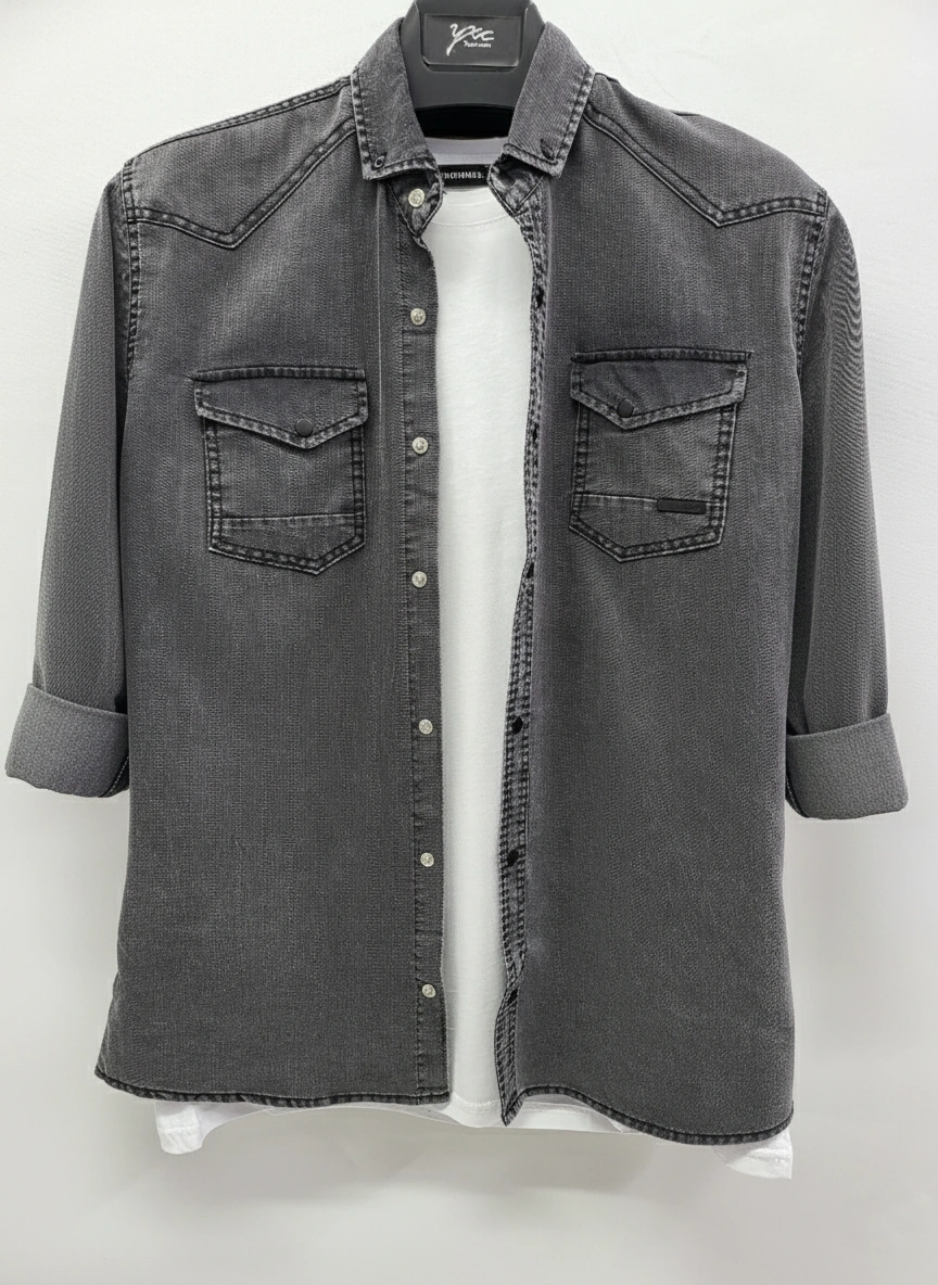 Erkek Gömlek Slim Fit Yıklamalı Kot Gömlek Füme