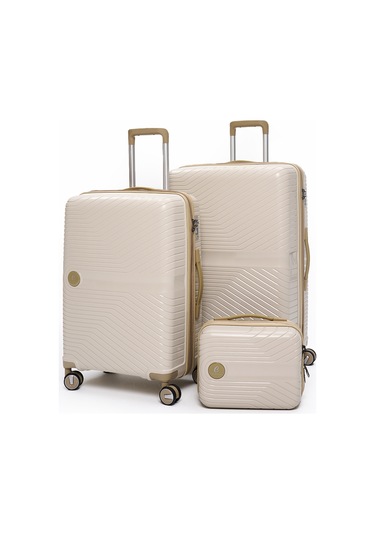 Elatae Exclusive Pro Polipropilen Kırılmaz 3'lü Valiz Seti Büyük - Orta Boy Ve Makyaj Çantası Bej - Vizon 5239 Bej - Vizon