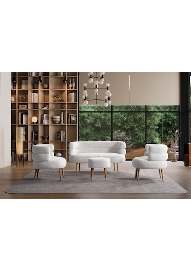 Barel Özel Tasarım Çay Seti Koltuk Takımı,berjer Ve Puf Ofis Balkon Cafe Bahçe Salon Mobilyası 4 Lü Takım Beyaz Beyaz