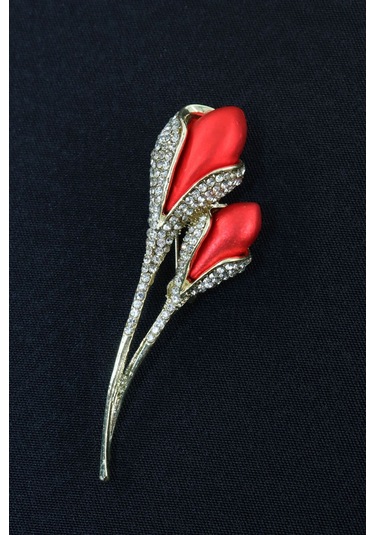 Lale Tomurcuğu Broş. Taşlı Tasarım Lale Broş. Yaka İğnesi Lale Broş. Kadın Broş. Broş. Lale Broş. Altın - Kırmızı