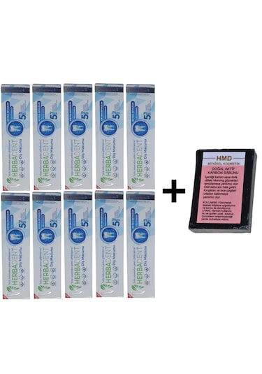 Herbadent Bitki Özlü Flörürsüz Diş Macunu 10 x 50 ML + Aktif Karbon Sabunu