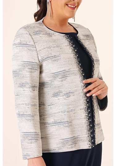 Kolsuz Uzun Elbise Taş Detaylı Jakarlı Büyük Beden Astarlı 2'li Takım-35344-lacivert Lacivert