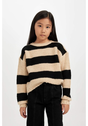 DeFacto Kız Çocuk Çizgili Bisiklet Yaka Triko Kazak A6009A824WNBK27 Siyah