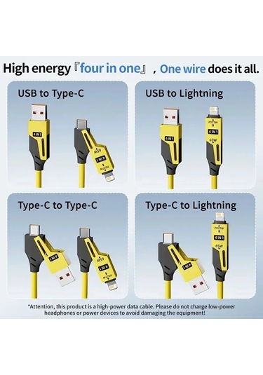 4 İn 1 65w Bahar Kısa Veri Kablosu 6a Usb Tip C Bahar Teleskopik Hızlı Şarj Yellow 1.5m