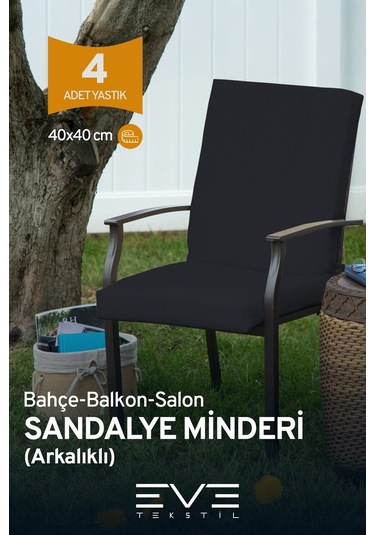 Eve Tekstil Bahçe - Salon - Balkon Arkalıklı Fermuarlı Bağlanabilir Yıkanabilir Sandalye Minderi 4 Adet Siyah