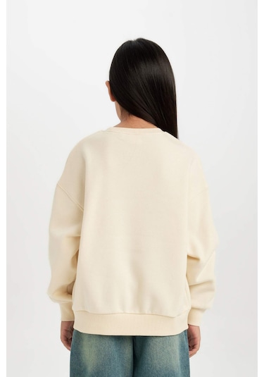 DeFacto Kız Çocuk Relax Fit Bisiklet Yaka Baskılı Sweatshirt D4387A824WNER99 Ekru