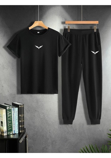 Kanat T-shirt Eşofman Altı Jogger - Siyah Baskılı Alt Üst Takım Oversize Bisiklet Yaka Siyah
