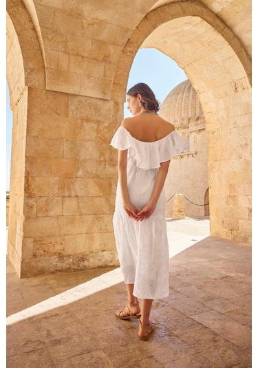 Monamise 23078 Kadın Volanlı Fisto Elbise-beyaz Beyaz