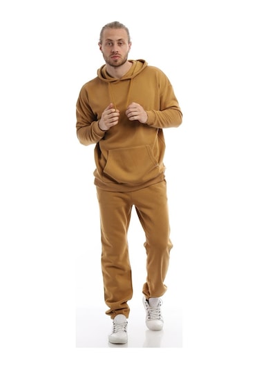 Erkek Kapüşonlu Kanguru Cepli Sweatshirt Kahverengi