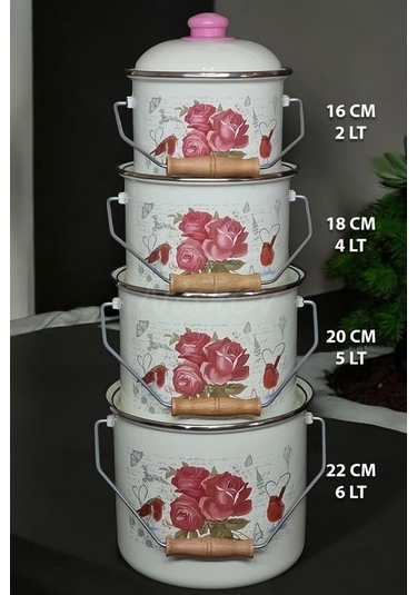 Nishev Zarif İtalyan Ebru Emaye Yoğurt, Tahıl, Bakliyat Tencere Seti Emaye Bakraç