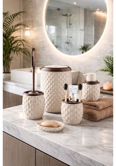 Decorev Geometrik Desenli Krem Banyo Aksesuar Seti – 5 Parça