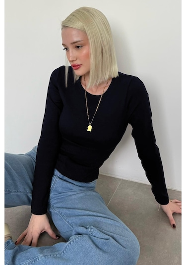 Madmext Lacivert Bisiklet Yaka Slim Fit Kadın Body Mg2564 Lacivert