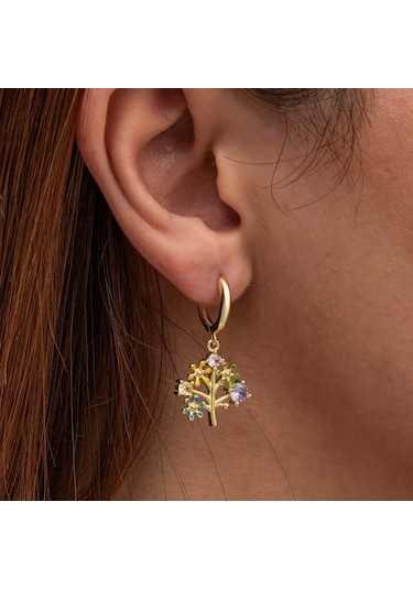 Artsmagazinmücevher Gümüş Gold Renkli Taşlı Hayat Ağacı Kadın Küpe