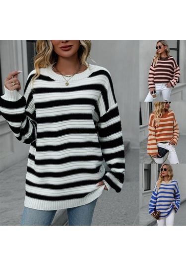 Tongxida White Knit Cardigan For Plus Size Women, Fall/winter, Striped, Loose Fit, Round Neck, Long Sleeve Beyaz