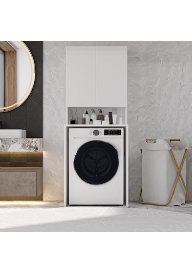 Mobilya Çamaşır Makinesi Dolabı 3 Raflı Kapaklı Banyo Dolabı Beya Beyaz