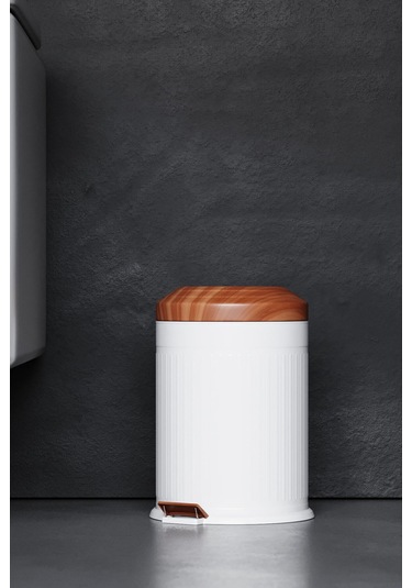 Zift Unique Paslanmaz Çelik Ahşap Kapak Desenli Vintage Çöp Kovası 5l Amortisör Yavaş Kapak Banyo-mutfak Kovalı Beyaz