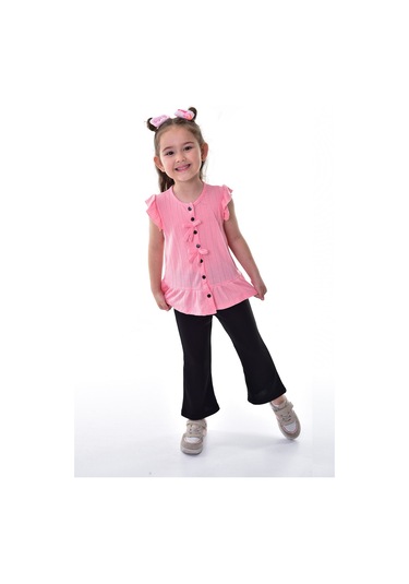 Fırfır Kollu Düğmeli Fiyonk Detaylı Kız Çocuk Alt-üst Takım Pembe
