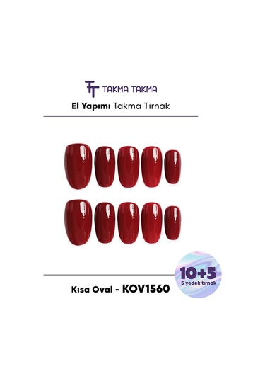 15'li Kırmızı Kısa Oval Kov1560 Tekrar Kullanılabilir El Yapımı Protez Takma Tırnak L