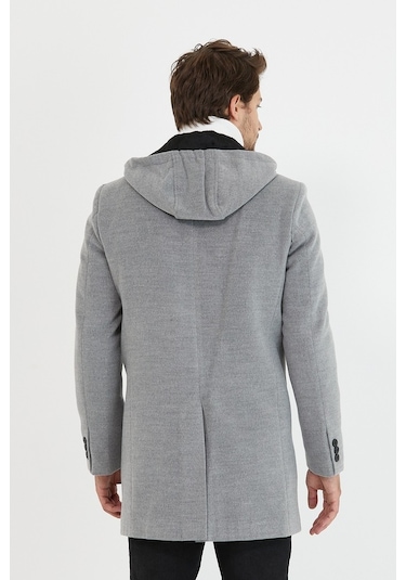Erkek Açık Gri Yün Karışımlı Kaşe Kapüşonlu Önü Fermuarlı Kaban-Açık Gri
