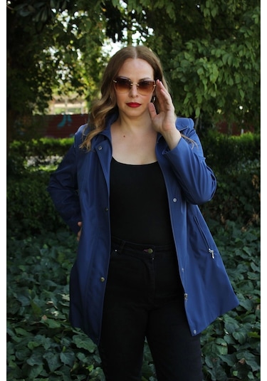 1616 Fermuarlı Cep Detaylı Kapuşonlu Bondit Ceket Sax Saks Mavi