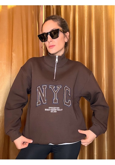 Ali Butik Kahve Nyc Nakışlı Şardonlu Sweatshirt Kahve