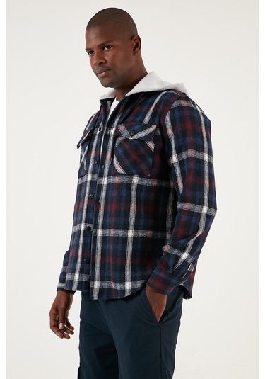 Buratti Ekoseli Çift Cepli Kapüşonlu Oduncu Erkek Gömlek Cf22W2650 Lacivert-Ekru