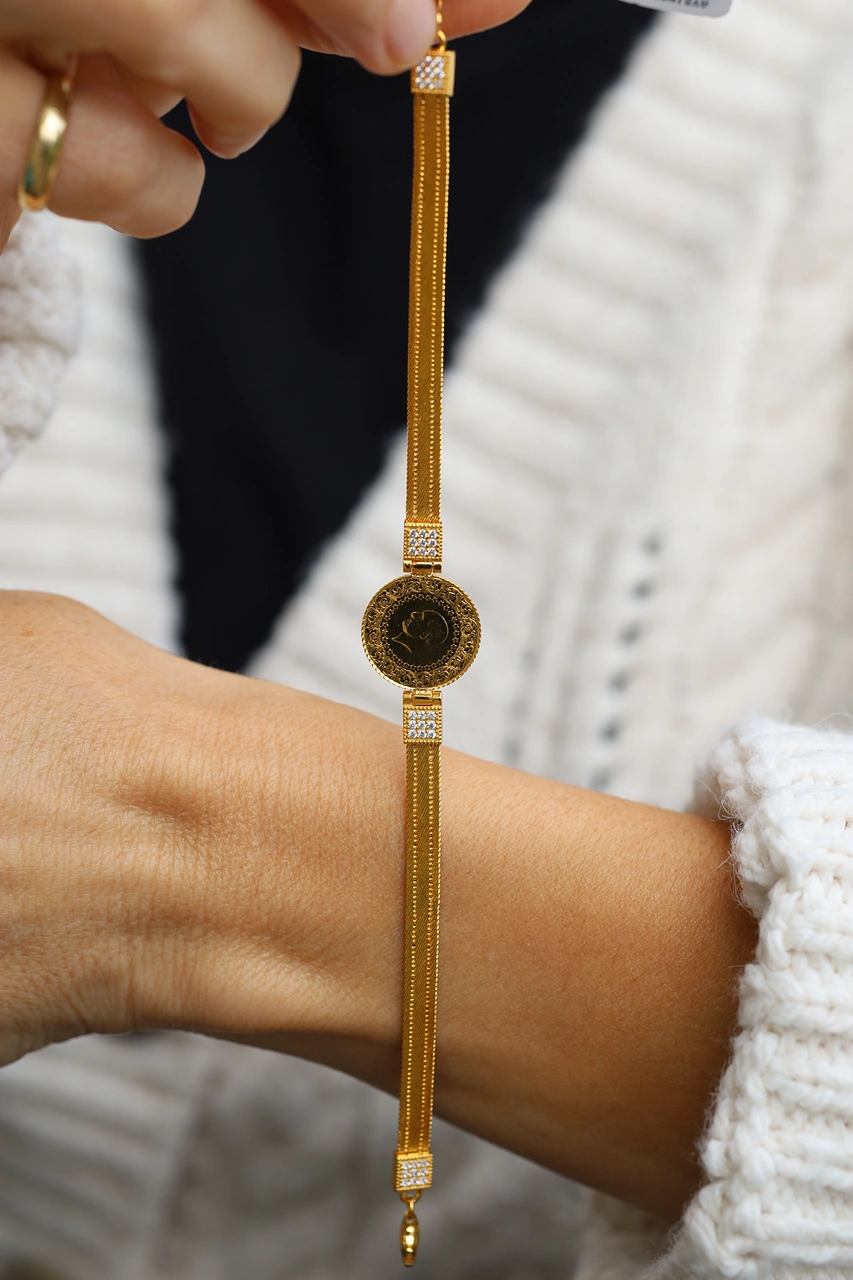 14 Ayar Altın Taş Ve Trabzon Hasır Detaylı 22 Ayar Çeyrekli Bileklik Blk34845