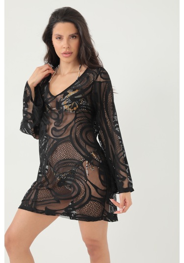 Kolları Volanlı Şal Desen Elbise Siyah