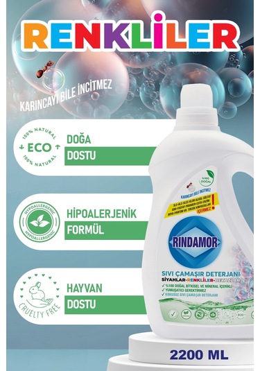 % 100 Doğal Bitkisel Sıvı Çamaşır Deterjanı Tüm Renkler-kokusuz 2200 ML