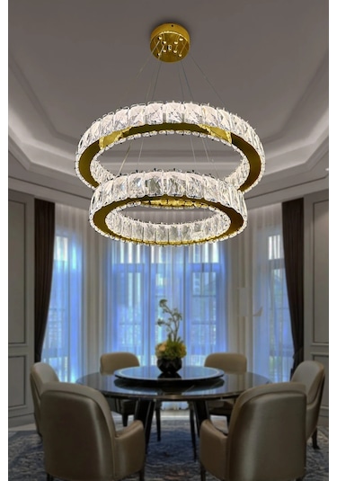2 Katlı Daire Kristal Taşlı Modern Led Avize Salon & Oturma Oda Çok Renkli