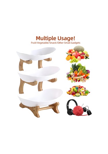 Reedark 3 Katlı Bambu Ayaklı Pratik Mutfak Servis Tepsisi - Pasta Ve Meyve Sunumu İçin Beyaz