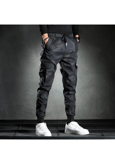 Kamuflaj Rahat Pantolon Erkek Yeni Moda Ince Elastik Bel Moda Iş Pantolonu Pantolon Siyah
