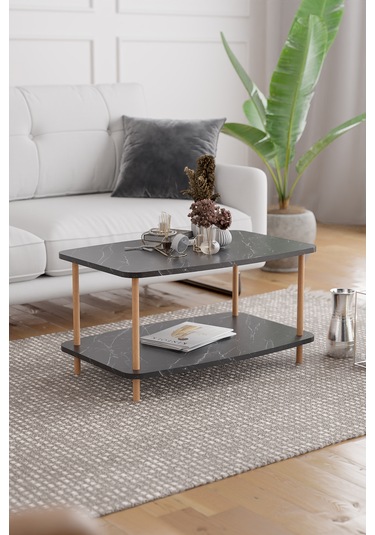 Orta Sehpa Ahşap Ayaklı Sehpa İki Raflı Sehpa-siyah