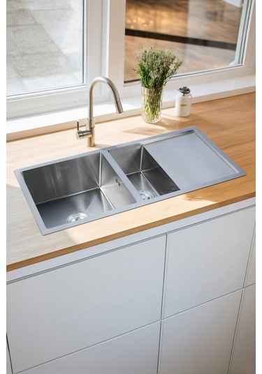 Özlem Serisi %100 Krom 95x45 İki Göz Paslanmaz Mutfak Eviyesi, Mutfak Lavabosu Sifon Dahil Silver